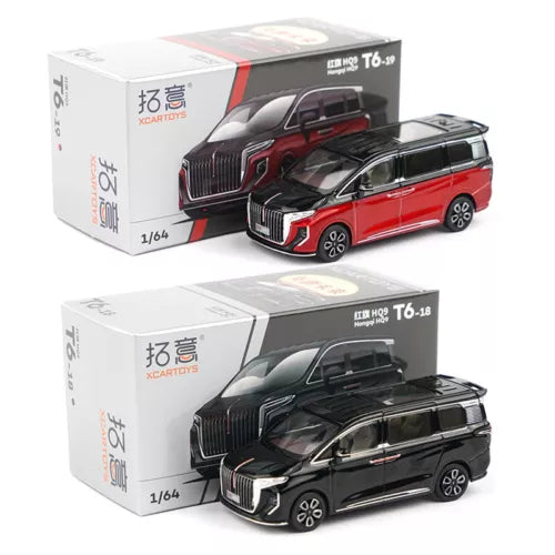 1:64 diecast minivan model cars, red and black, in display boxes