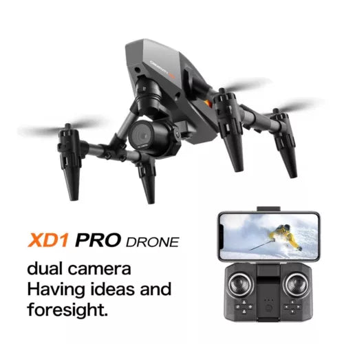 Gray mini drone with four propellers and dual front cameras, with remote controller