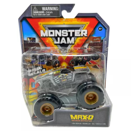Monster Jam Max-D 1:64 diecast truck in blister, gray with black wheels.