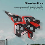 Red and black RC jet drone airplane with four propellers and flip wings