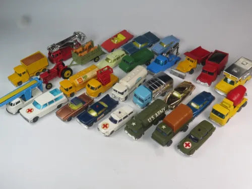 Vintage diecast model cars and trucks assortment, multi-color, 1960s style