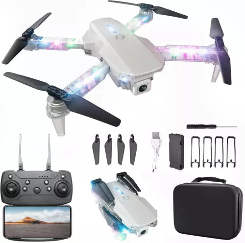 Foldable mini drone with LED lights, controller, propellers, and carrying case