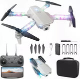 Foldable mini drone with LED lights, controller, propellers, and carrying case