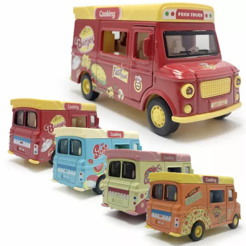 Diecast food truck toy vans, multicolor set with front views and side panels