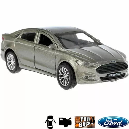 1:36 scale diecast metal model car of a metallic gray sedan, front 3/4 view