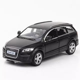 Matte black Audi Q7 diecast model car toy with detailed front grille and headlights