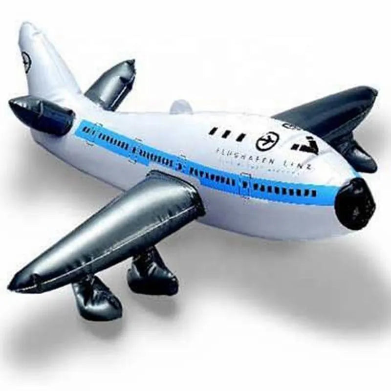 Inflatable air toy plane in white with blue stripe and black engine details