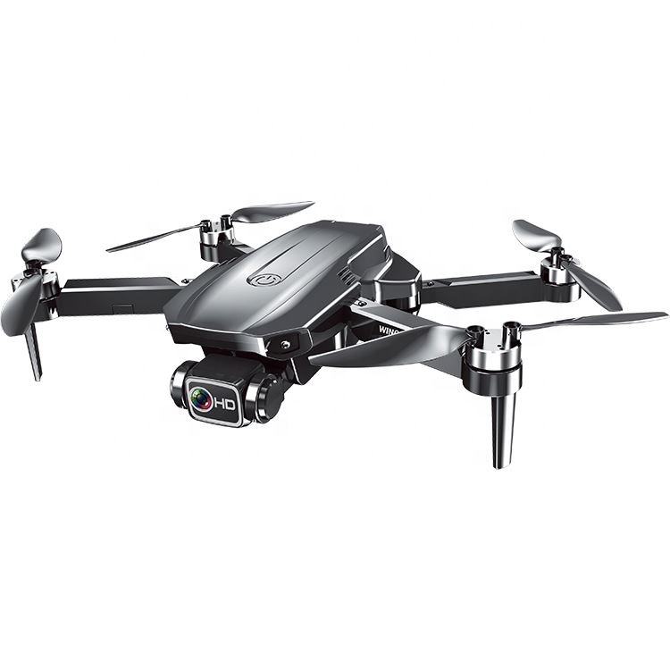 Foldable quadcopter drone with dark camera lens, four propellers