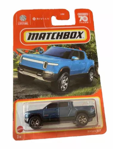 Matchbox Rivian R1T 1:64 blue diecast pickup truck in retail blister pack