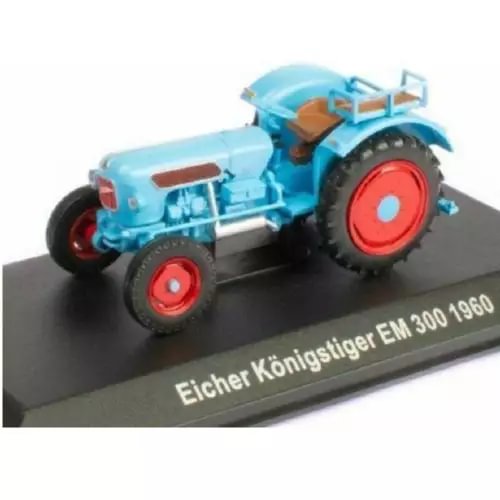 Blue farm tractor model with red wheel rims and detailed cab on black base