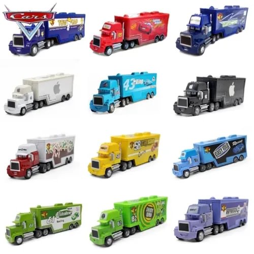Diecast Mack hauler truck lot with colorful trailers, 1:55 scale models
