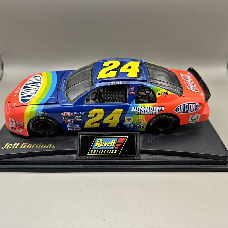 Revell NASCAR diecast car, blue #24, front view with sponsor logos and display base