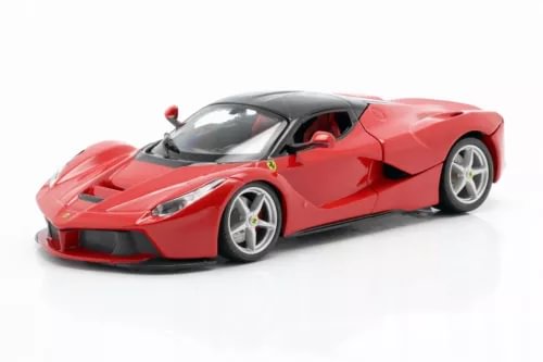 Red Ferrari F70 diecast model car with black accents, front three-quarter view