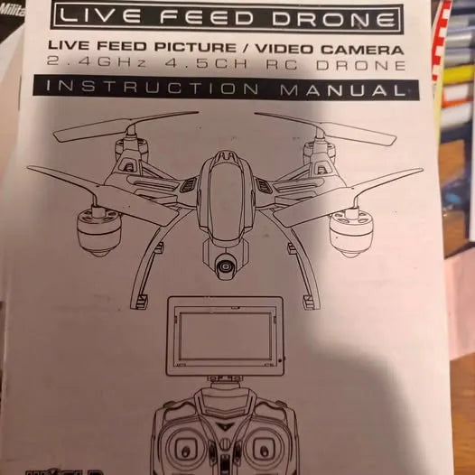 Drone live feed instruction manual cover with diagram and front control sketch