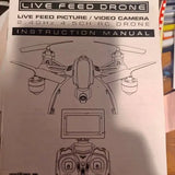 Drone live feed instruction manual cover with diagram and front control sketch