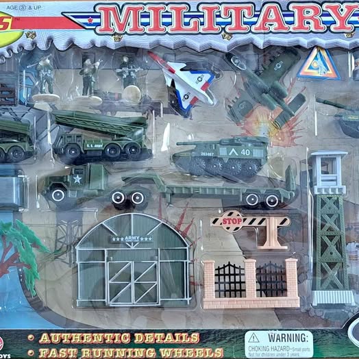 Military diecast metal play set with tanks, trucks, and gate accessories
