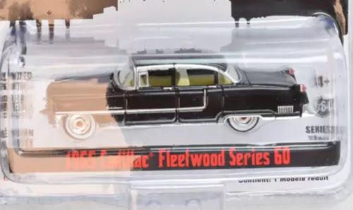 Black 1955 Cadillac Fleetwood diecast car with chrome grille and headlights