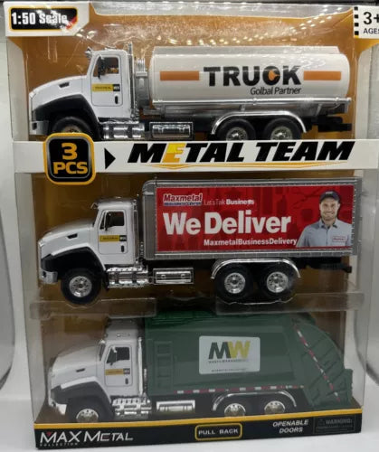 3-pack diecast truck toy set with metal parts; white tanker and green garbage truck