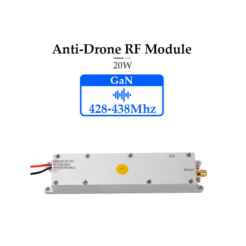 Anti-drone RF amplifier module with metal housing and SMA connectors, 428–438 MHz