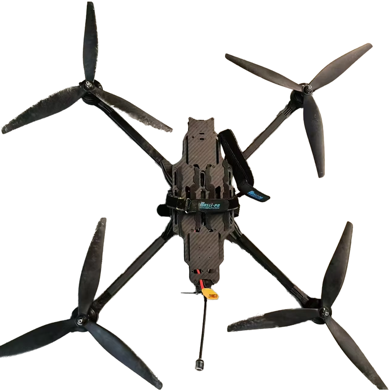 Quadcopter drone with four black propellers and central body with landing legs