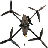 Quadcopter drone with four black propellers and central body with landing legs
