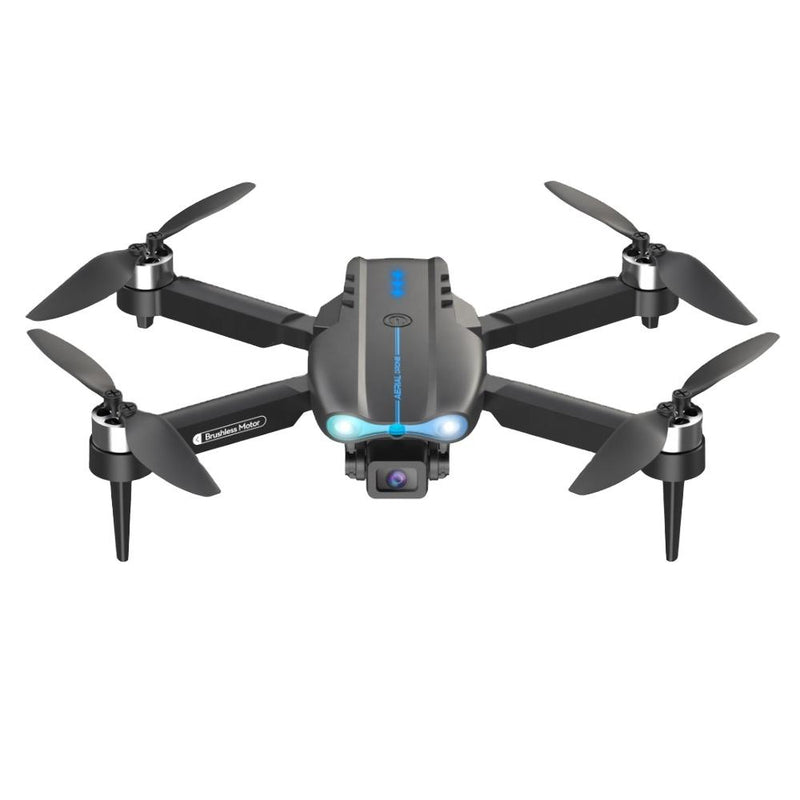 Quadcopter drone with dual cameras, four propellers, and front camera module