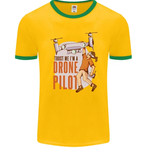 Yellow mens ringer T-shirt with green trim and drone pilot graphic front