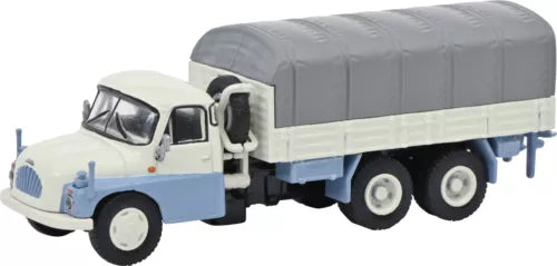 Blue and white diecast flatbed truck with gray canvas cover, 1:87 scale