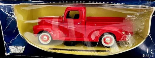 Motor Max red 1940 Ford pickup truck diecast model in blister packaging