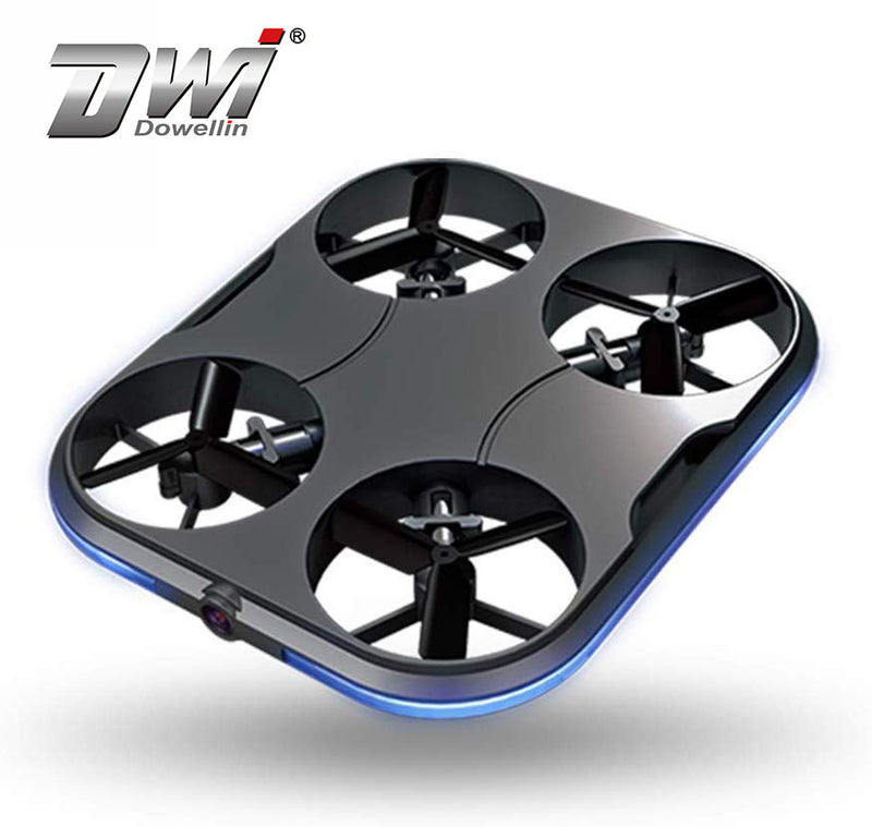Mini selfie drone with HD camera, four rotors and blue LED light ring