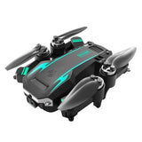 Mini camera drone with black body, teal accents, and front lens