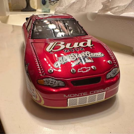 Red 2002 Dale Jr Pepsi 400 diecast race car, front view with Budweiser logos