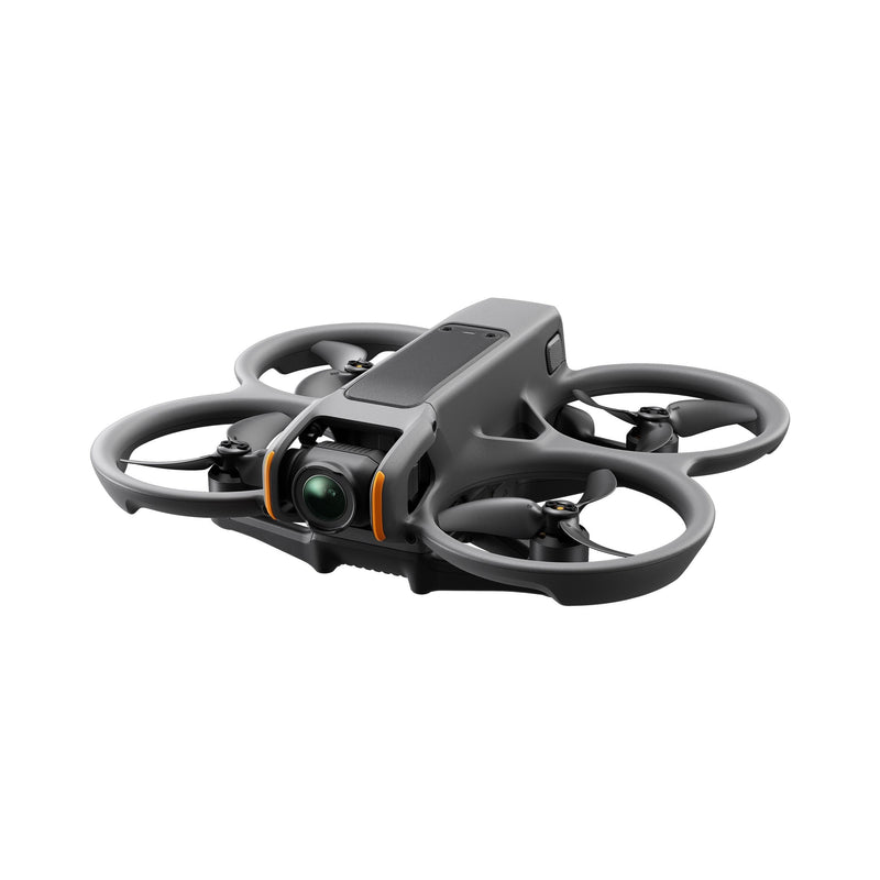 FPV quadcopter drone with propeller guards, dark gray body and front camera lens