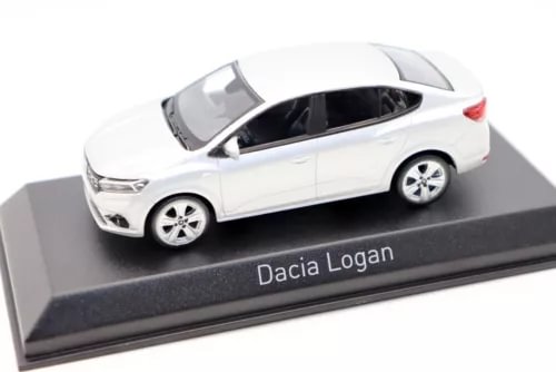 White diecast sedan toy car model on display base, side view