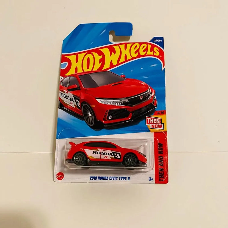 Hot Wheels diecast car blister pack with red 2018 Civic Type R and Then & Now badge