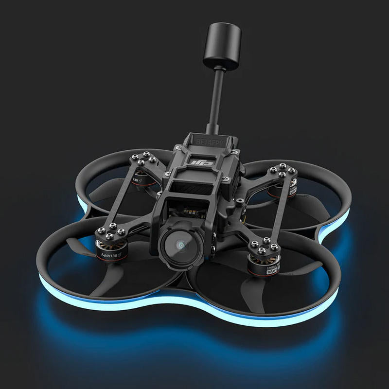 Black mini RC quadcopter drone with 4 prop arms, front camera module, and top antenna
