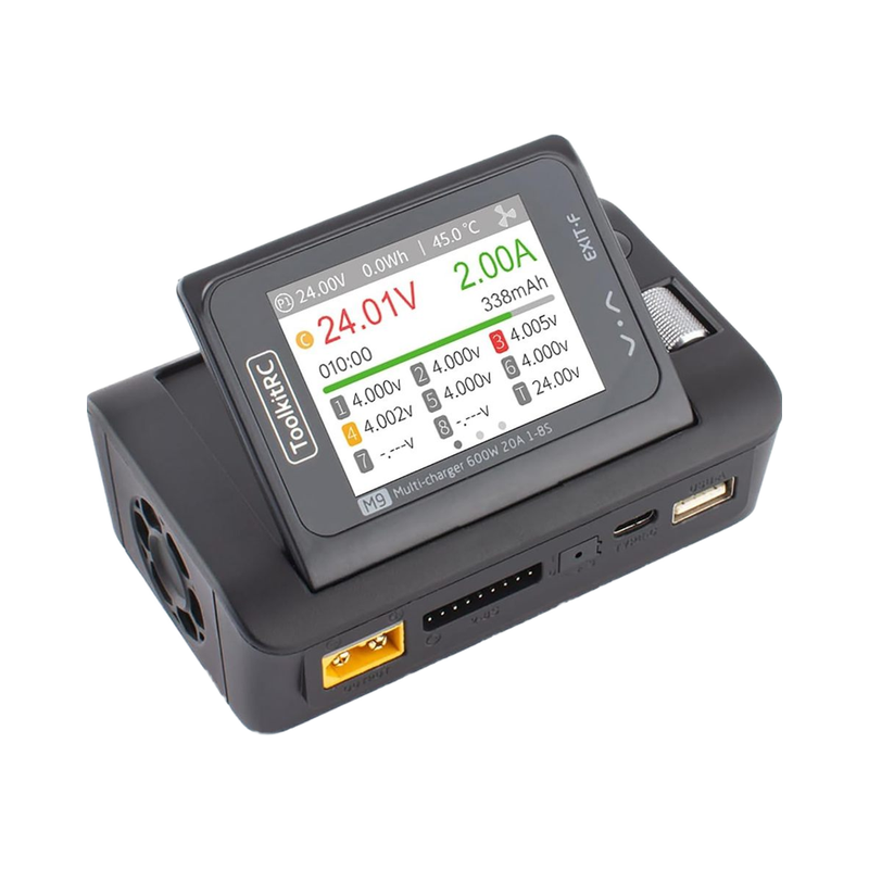 Black plastic multifunction battery charger with LCD display and dual USB ports