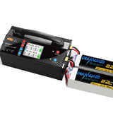 Battery charger with LCD screen, cooling vents, and cable leads