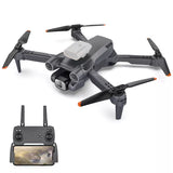 Gray 4K drone with front camera, four propellers, and handheld remote with screen