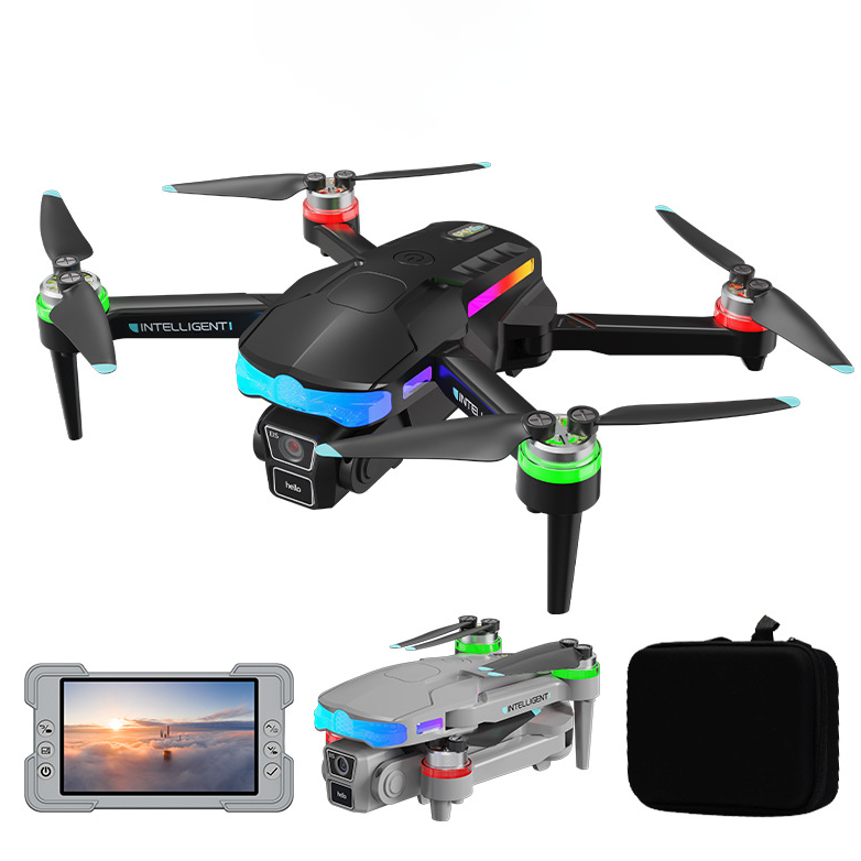 Black quadcopter RC drone with camera, front display, blue LED lights, remote controller and case