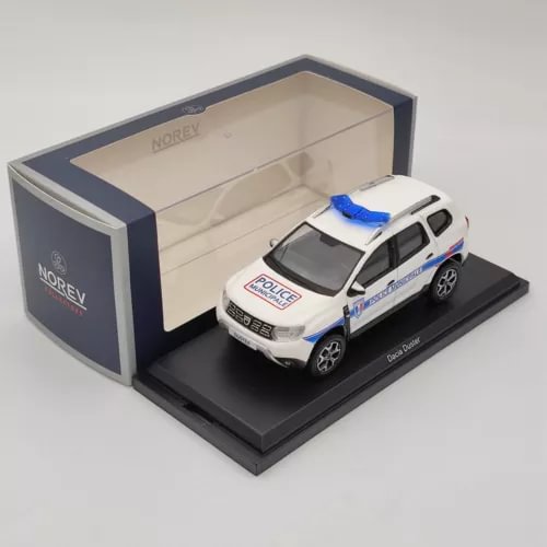 White police municipal diecast car model with blue stripe, in presentation box