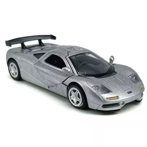1:36 scale diecast model car, silver sports car with black windshield and hood details
