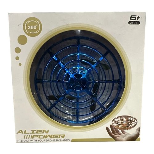 Hand-powered 360 degree drone toy with circular blue rotors in retail box