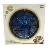 Hand-powered 360 degree drone toy with circular blue rotors in retail box