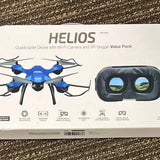 Helios quadcopter drone with blue propellers and VR goggles on retail box