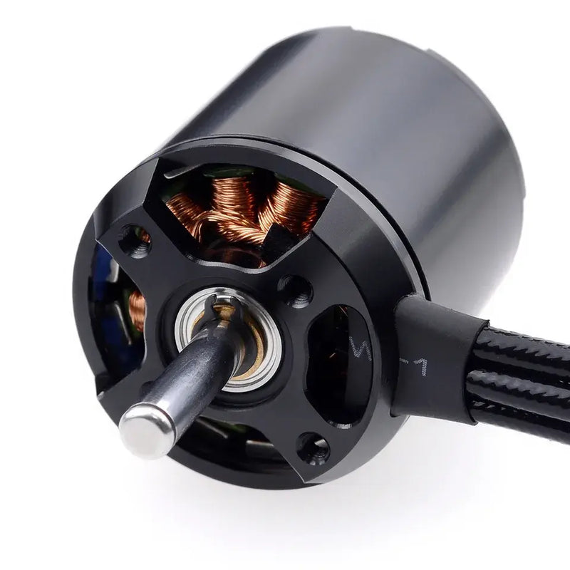 14-pole brushless drone motor with copper stator and silver shaft, black housing