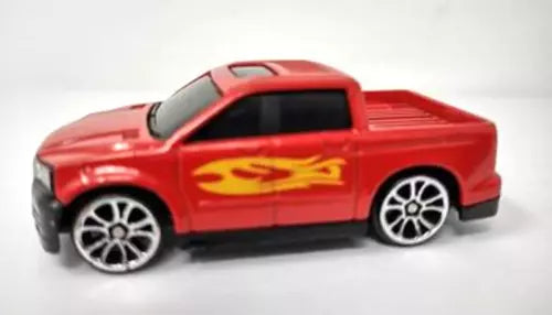 Red diecast pickup truck toy with flame decal and chrome wheels