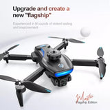 Quadcopter drone with camera, black body and four propellers with blue accents