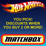 Diecast car assortment promo card with Hot Wheels and Matchbox logos