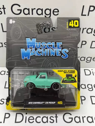 Green 1972 Chevrolet C10 pickup diecast toy with display stand, 1:64 scale